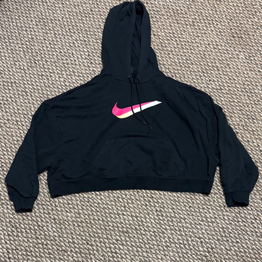 Nike Black Cropped Length Hoodie with Pink Peach and White Swoosh